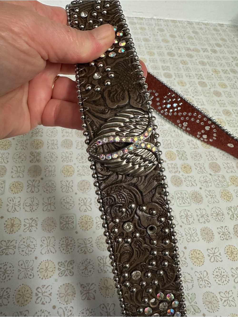 Women's Brown Embossed Leather Belt with Crystal Wing Buckle